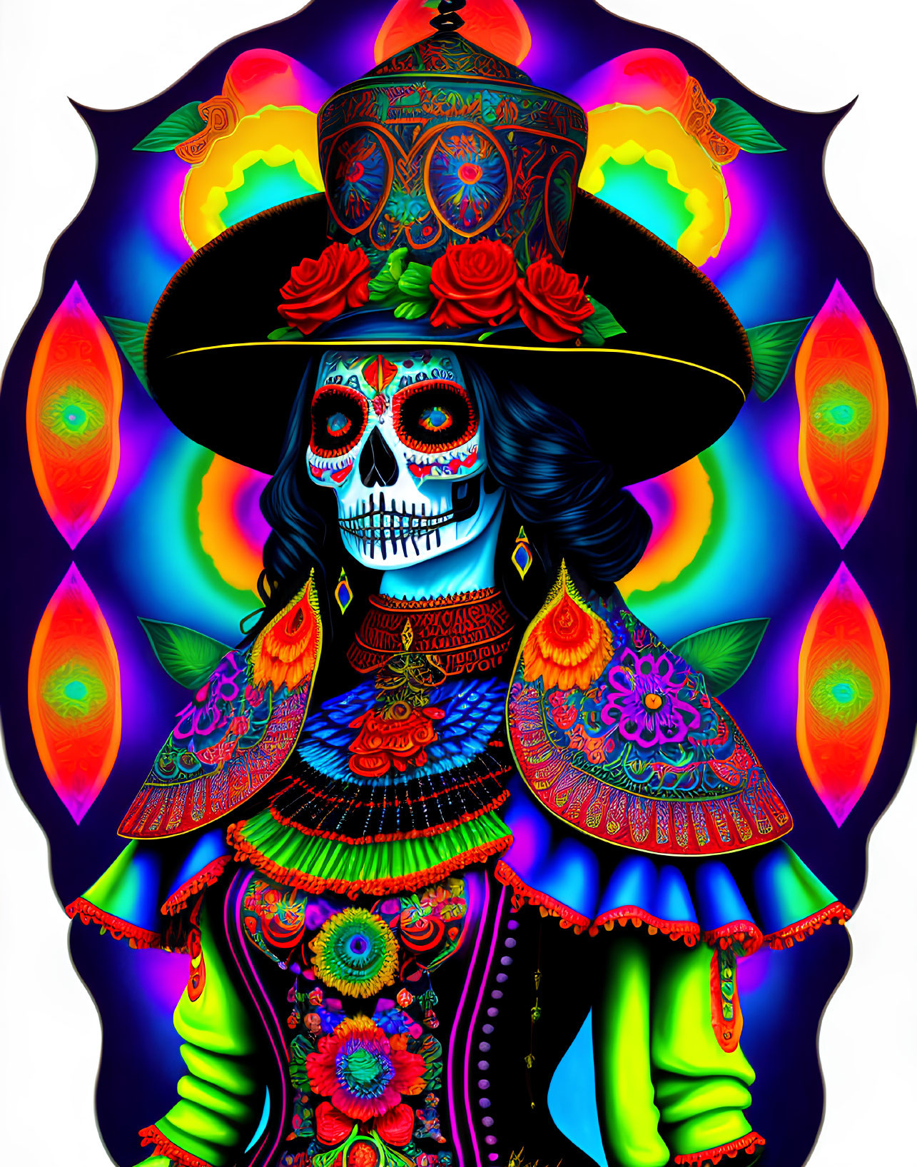 Colorful Skeleton in Mexican Attire with Floral and Flame Motifs