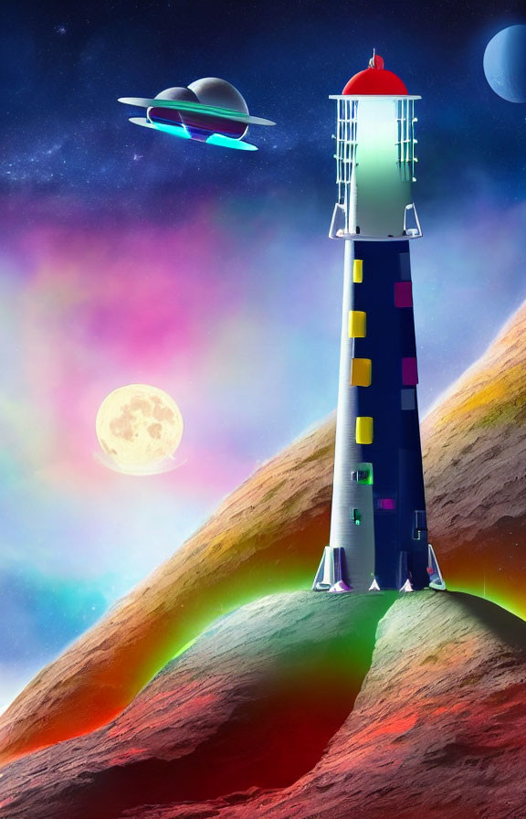 Vibrant lighthouse illustration on rocky alien terrain with UFO, planets, and colorful sky