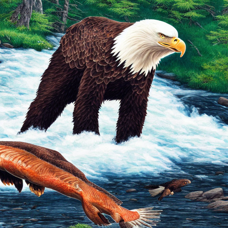 Bear-bodied eagle-headed creature by stream with leaping fish