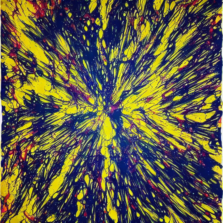 Abstract painting with vibrant yellow, black, and red patterns