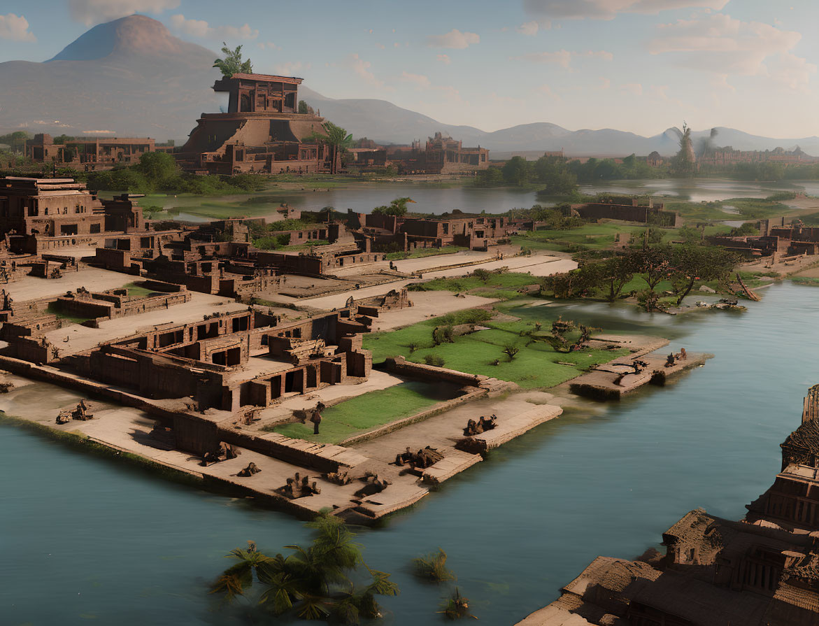 Ancient River Civilization with Waterfront Architecture and Mountains
