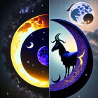 Illustration of crescent moon, stars, and fantastical goat under celestial sky
