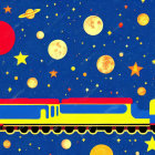 Colorful futuristic train on winding track in space with planets and red spaceship