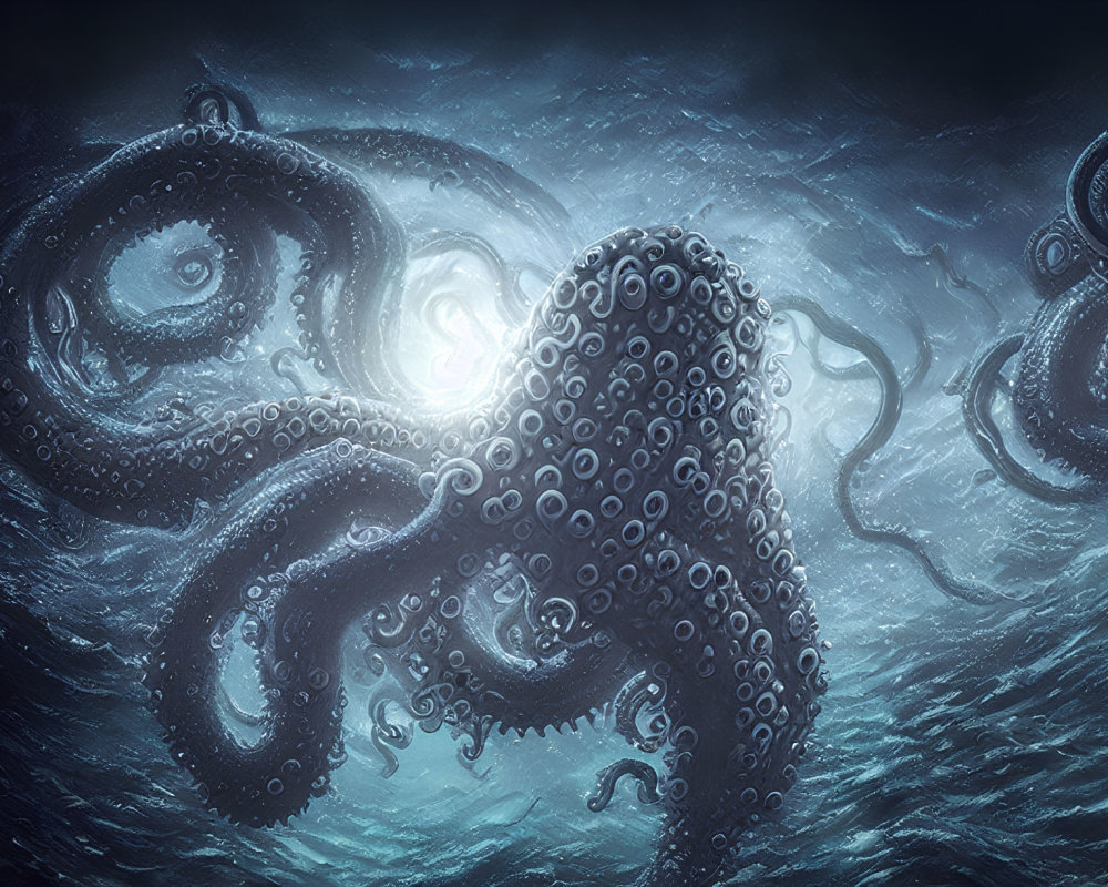 Giant Octopuses with Swirling Tentacles in Dark Underwater Scene