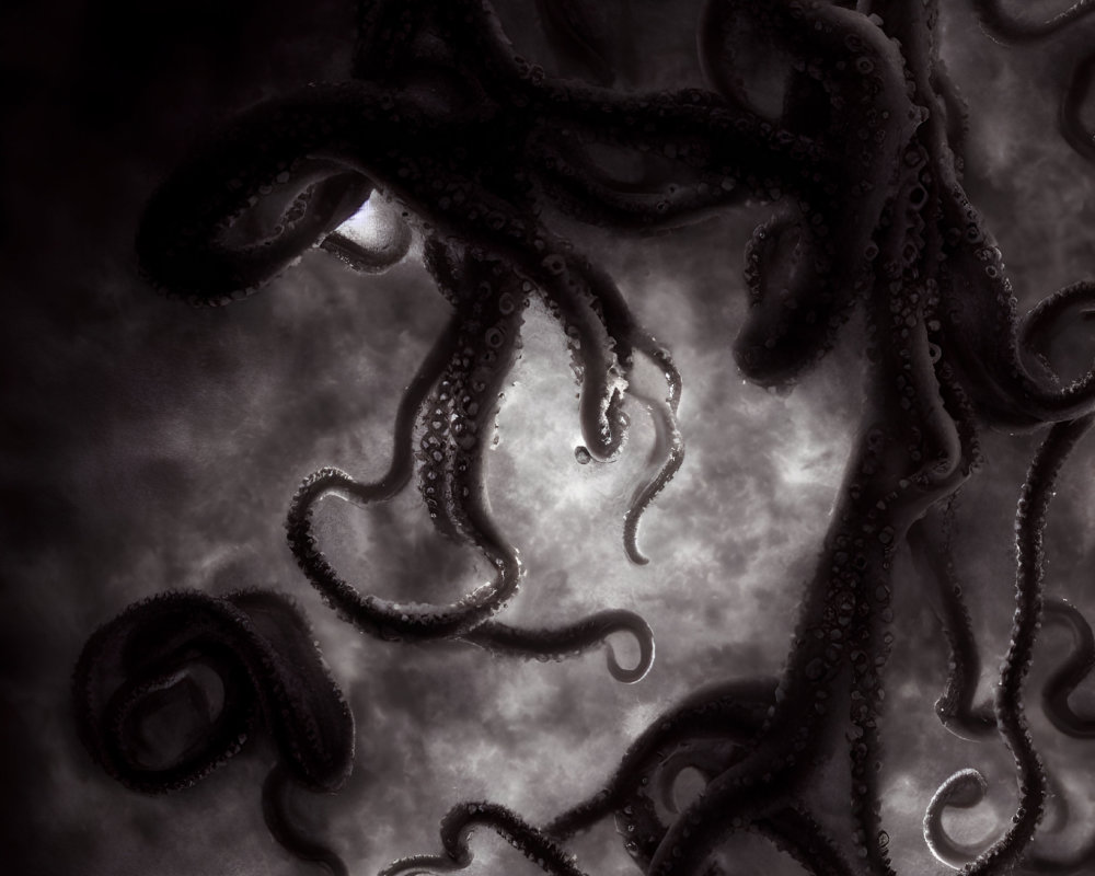 Swirling dark octopus tentacles in smoky background