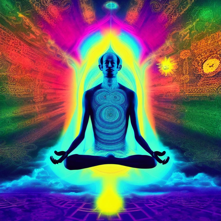Person in meditative pose with illuminated chakra points and psychedelic patterns