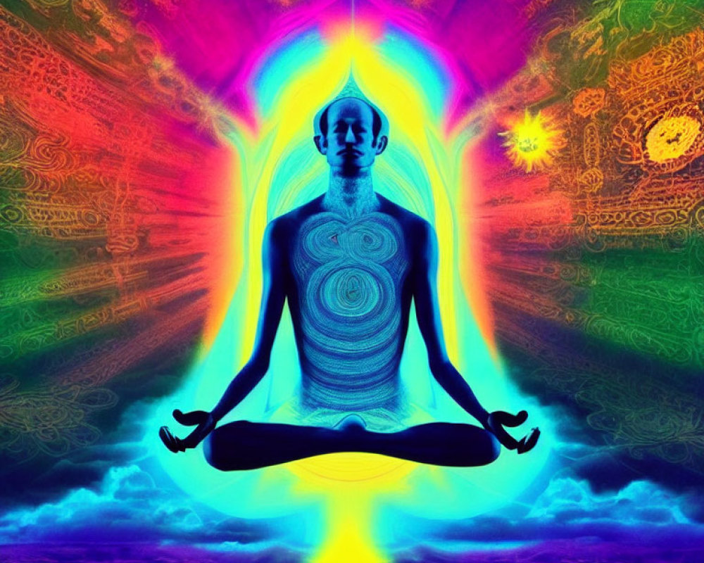 Person in meditative pose with illuminated chakra points and psychedelic patterns