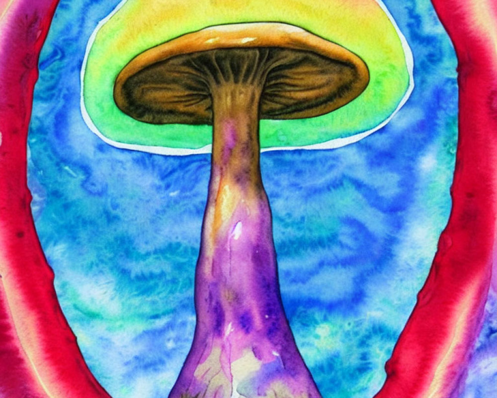 Colorful Mushroom Watercolor Painting on Psychedelic Background