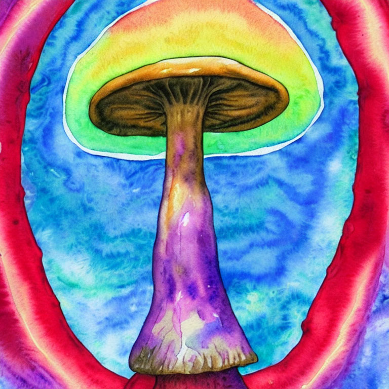Colorful Mushroom Watercolor Painting on Psychedelic Background