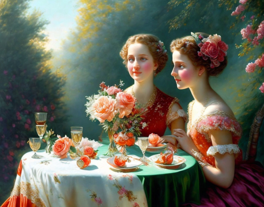 Two elegantly dressed women enjoying desserts in a lush garden setting