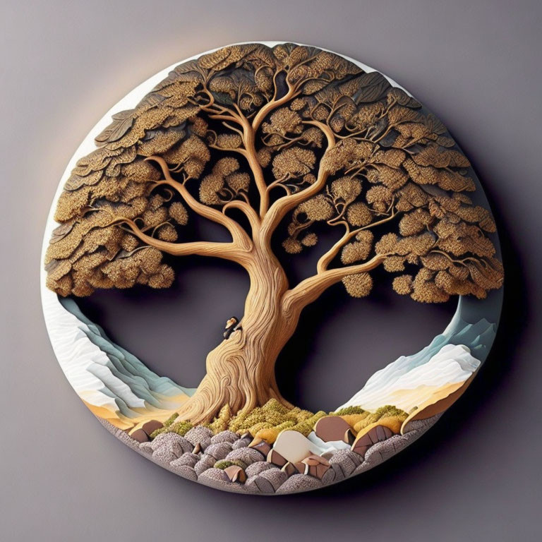 Circular Tree and Mountain Wall Art with Peaceful Figure