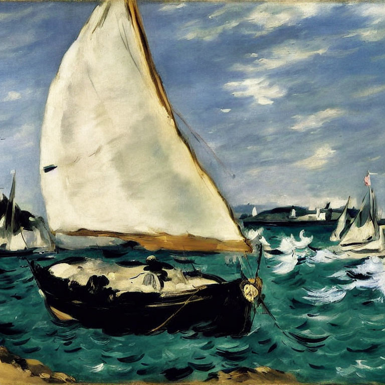 Sailboat painting on choppy blue-green waters