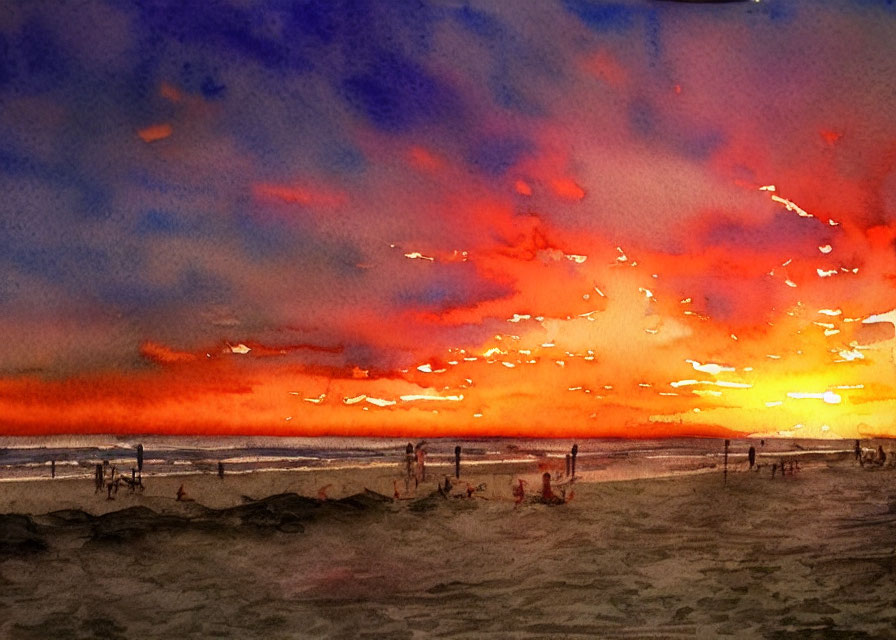 Vibrant beach sunset watercolor painting with blue and crimson skies.