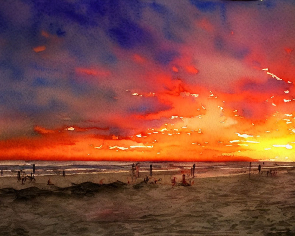 Vibrant beach sunset watercolor painting with blue and crimson skies.