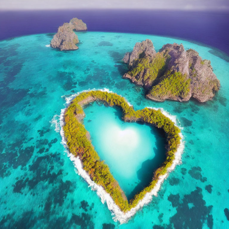 Heart-shaped lagoon in lush greenery with rocky islets in turquoise sea