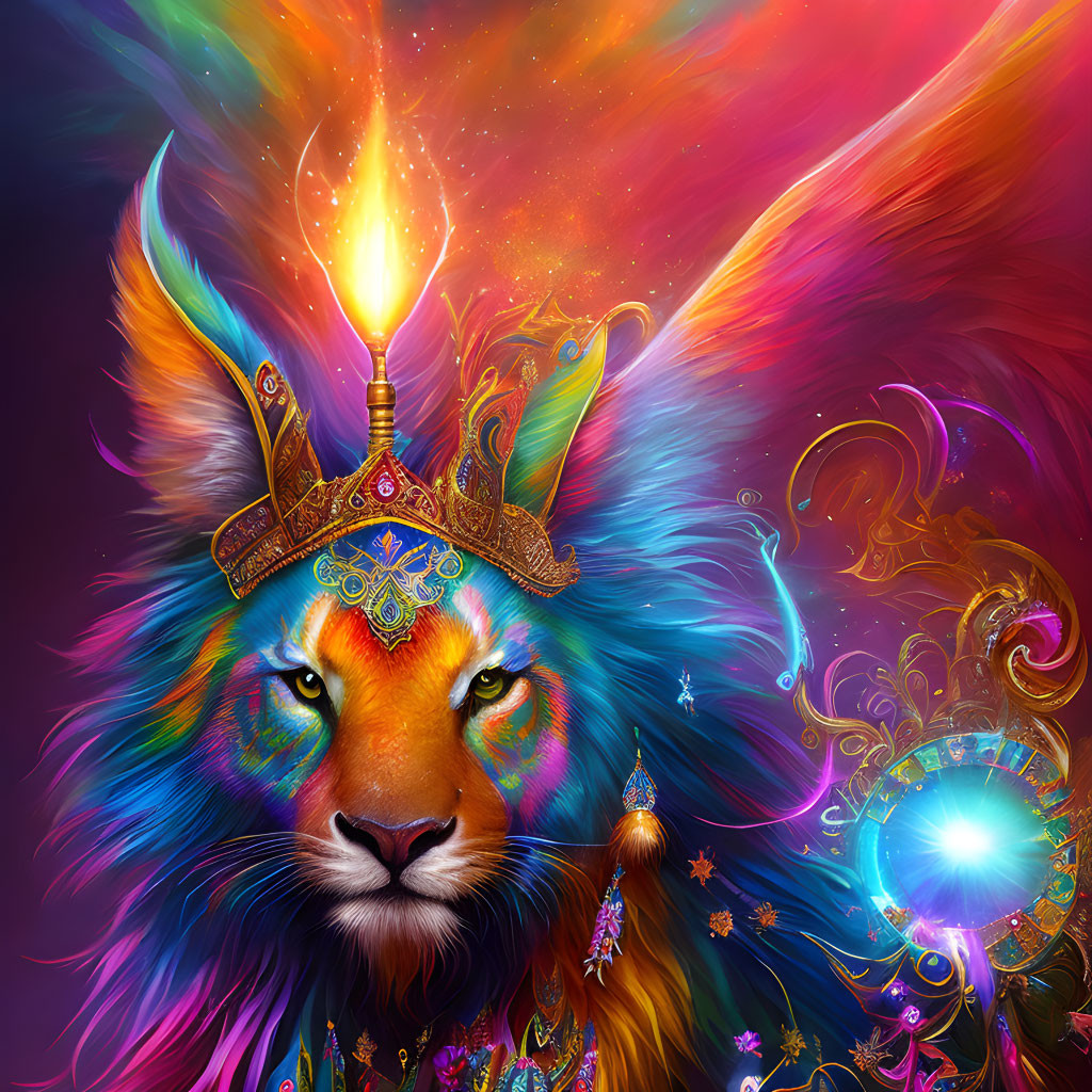 Colorful mystical lion with crown and cosmic mane.