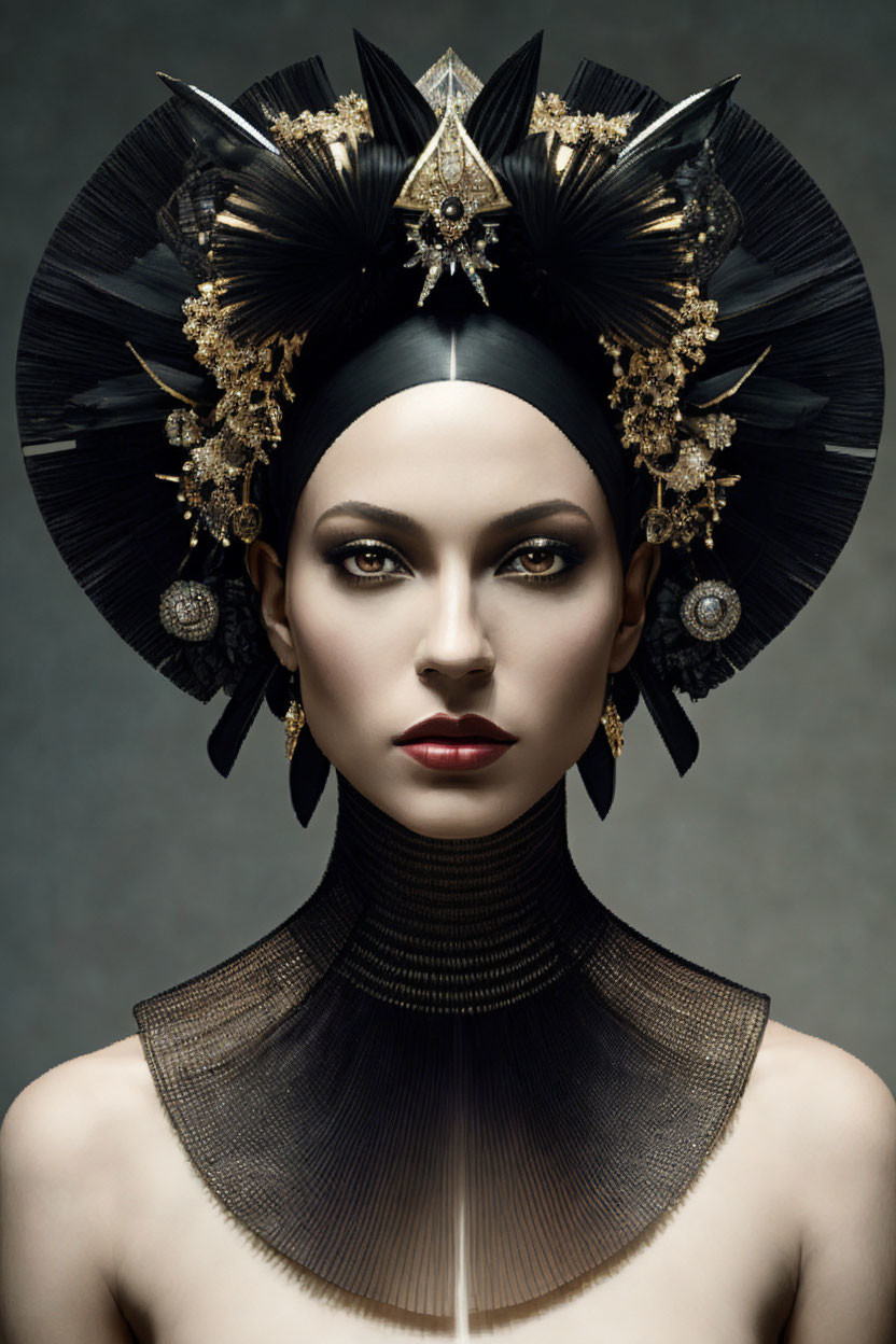 Woman with dramatic makeup and black gold headdress on grey background