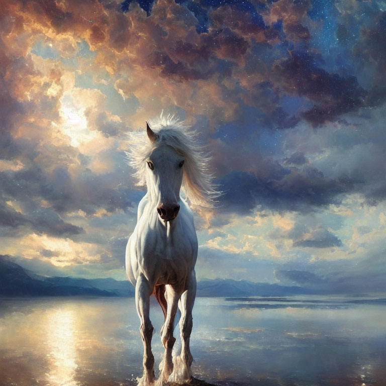 Majestic white horse by serene lakeside at sunset