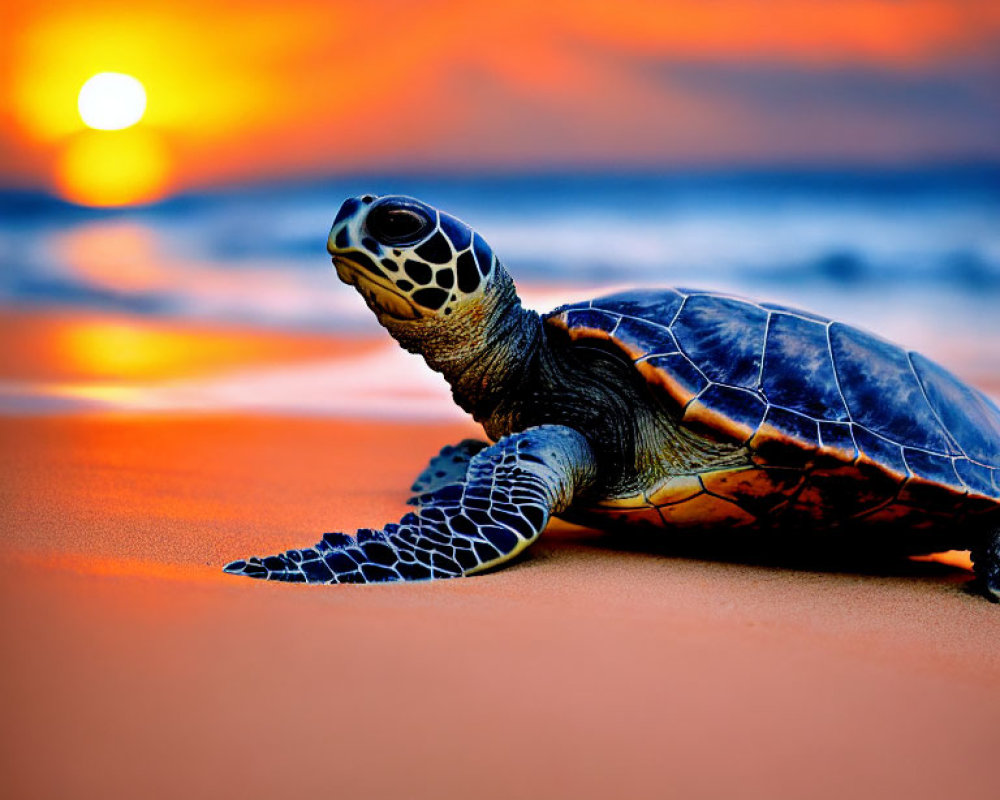 Sea Turtle on Sandy Beach at Sunset with Warm Orange and Blue Hues