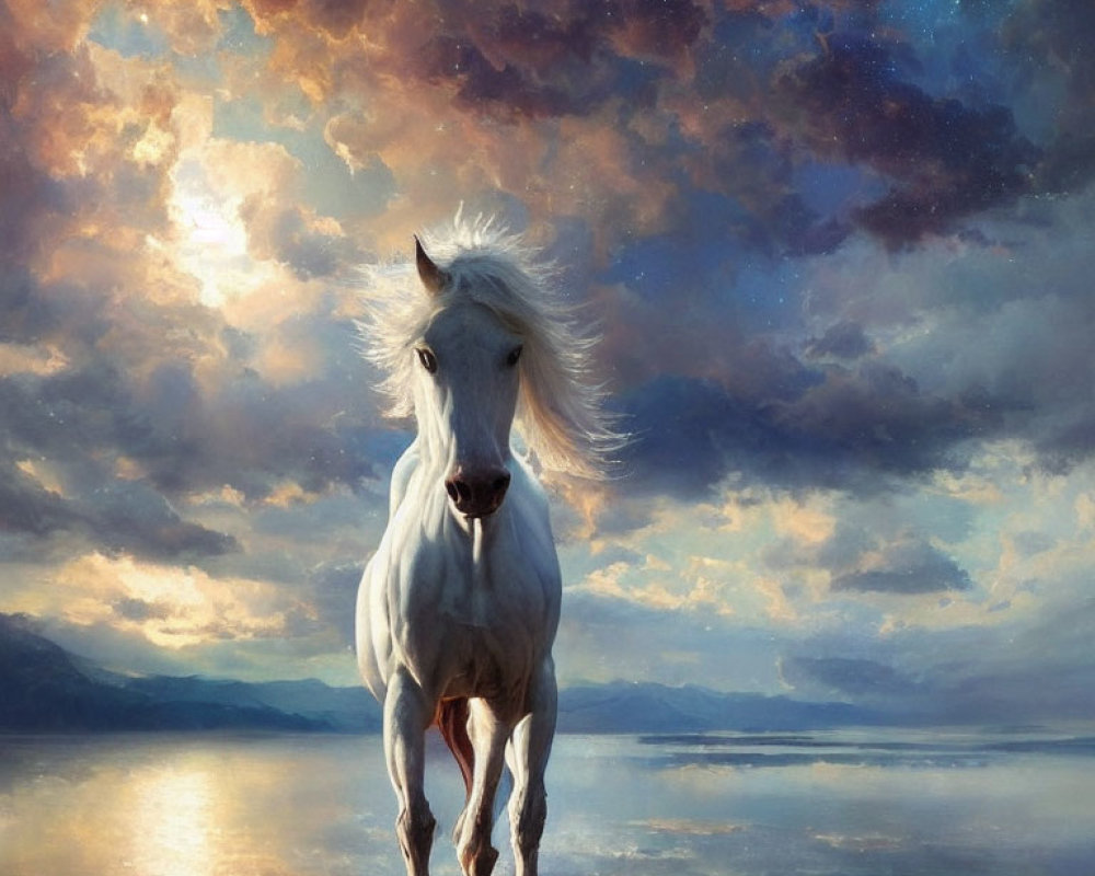 Majestic white horse by serene lakeside at sunset