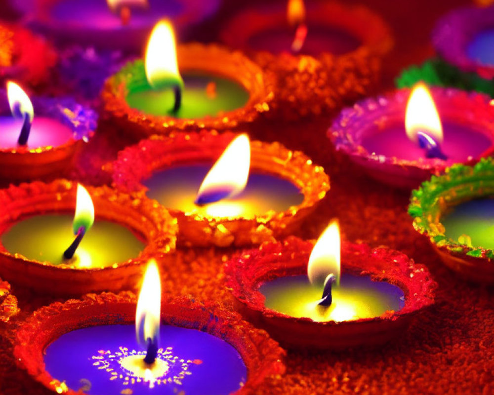 Vibrant Diwali Lamps on Red Background