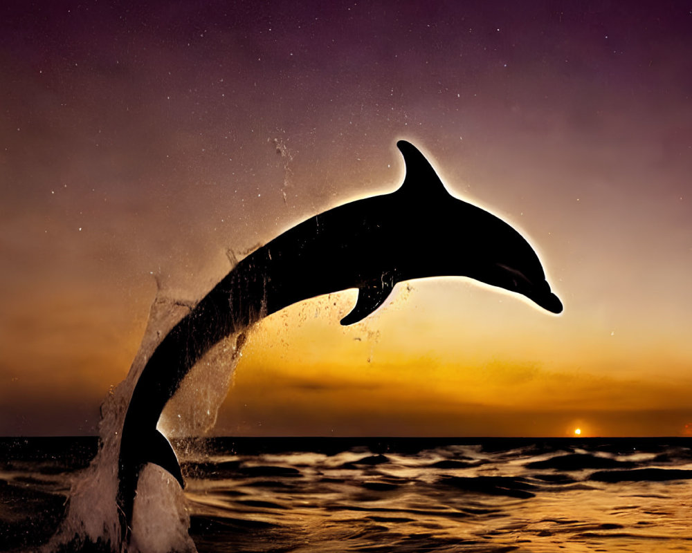 Silhouette of Dolphin Leaping from Ocean at Sunset