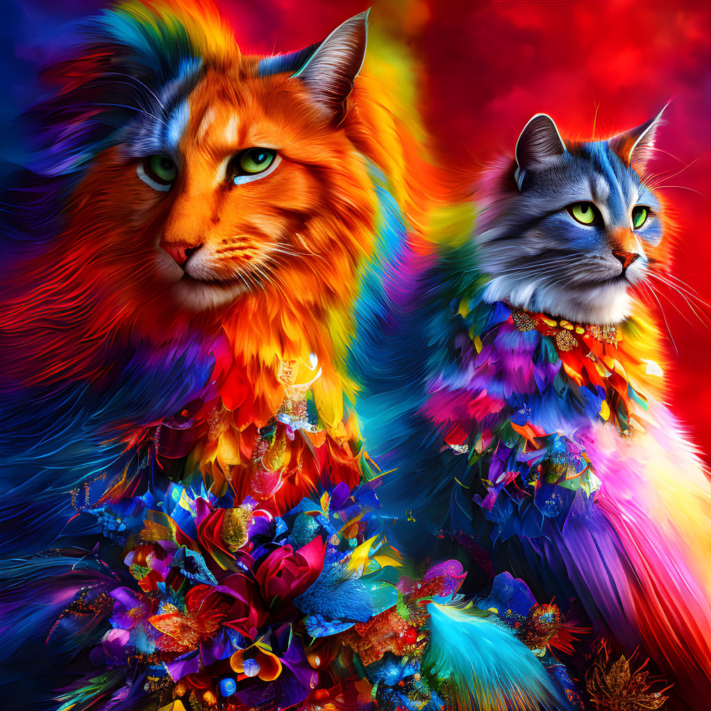 Colorful digital artwork: Two cats with floral patterns & rainbow fur