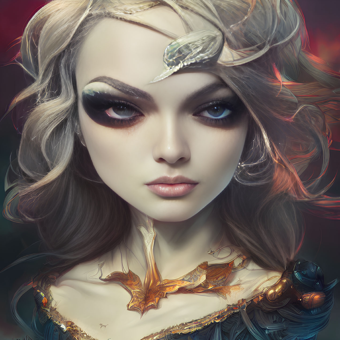 Fantasy-themed digital portrait of a woman with flowing hair and ornate shoulder armor.