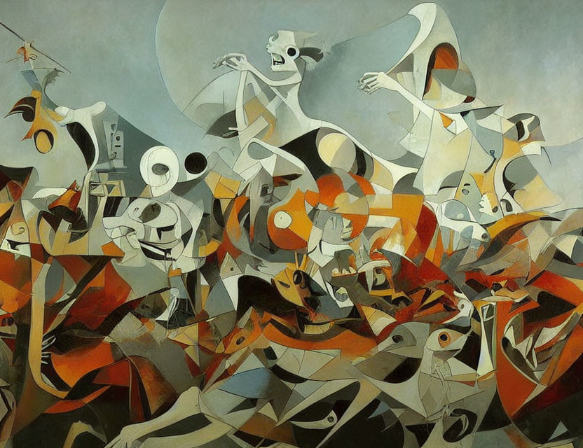 Abstract Cubist Painting of Chaotic Scene in Orange, White, and Gray