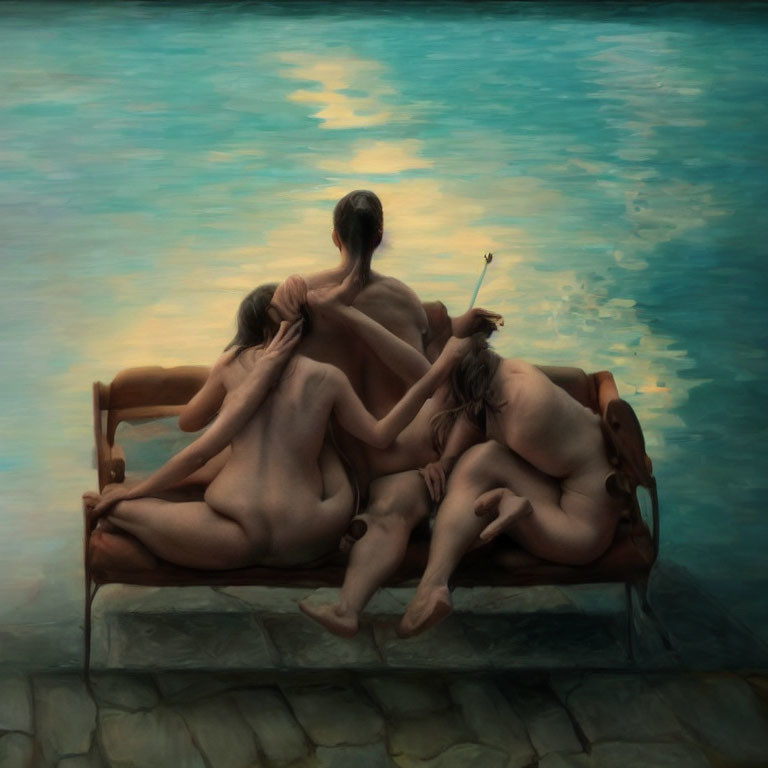 Three nude figures on bench at sunset by water, one with paintbrush