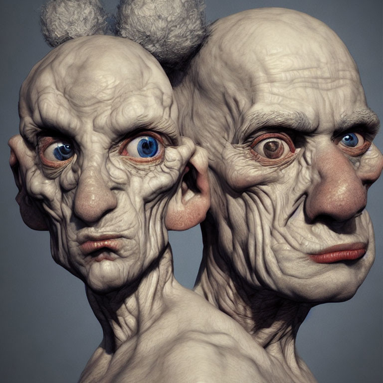 Hyper-realistic 3D-rendered heads with aged features and striking blue eyes