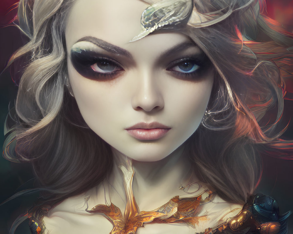 Fantasy-themed digital portrait of a woman with flowing hair and ornate shoulder armor.