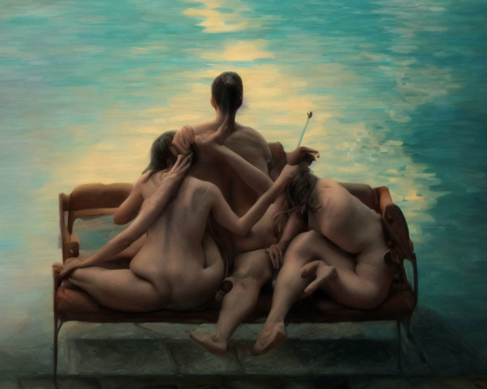 Three nude figures on bench at sunset by water, one with paintbrush