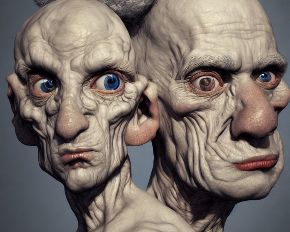 Hyper-realistic 3D-rendered heads with aged features and striking blue eyes