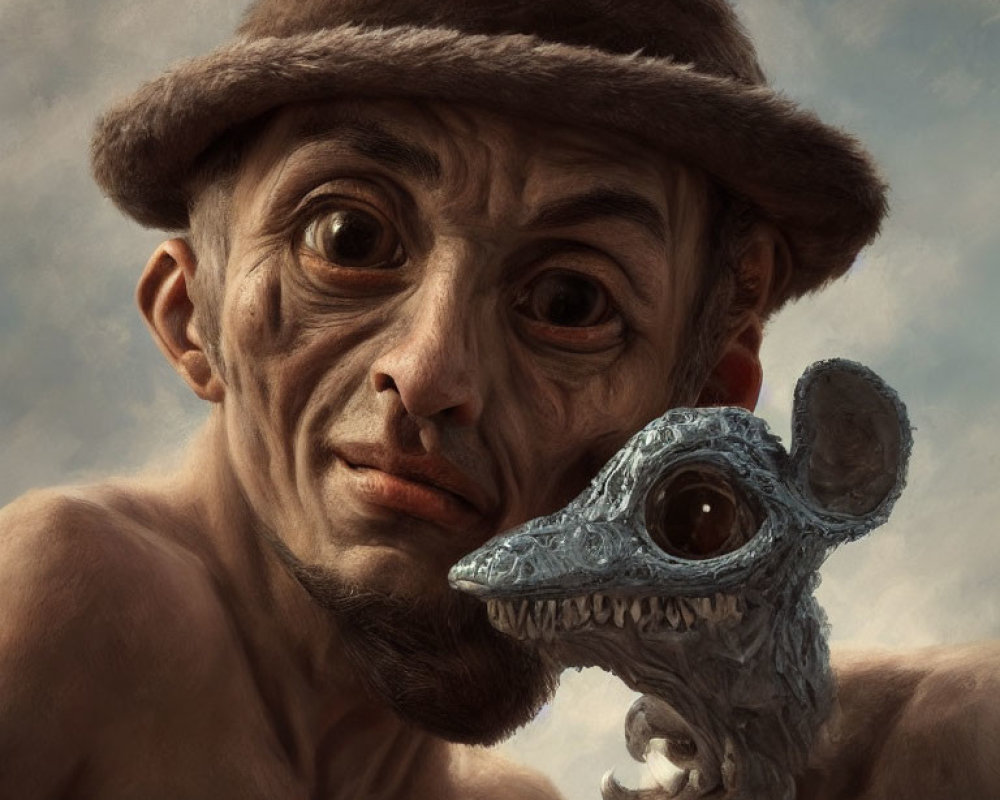 Surreal portrait of man with exaggerated features and fantastical blue mouse creature