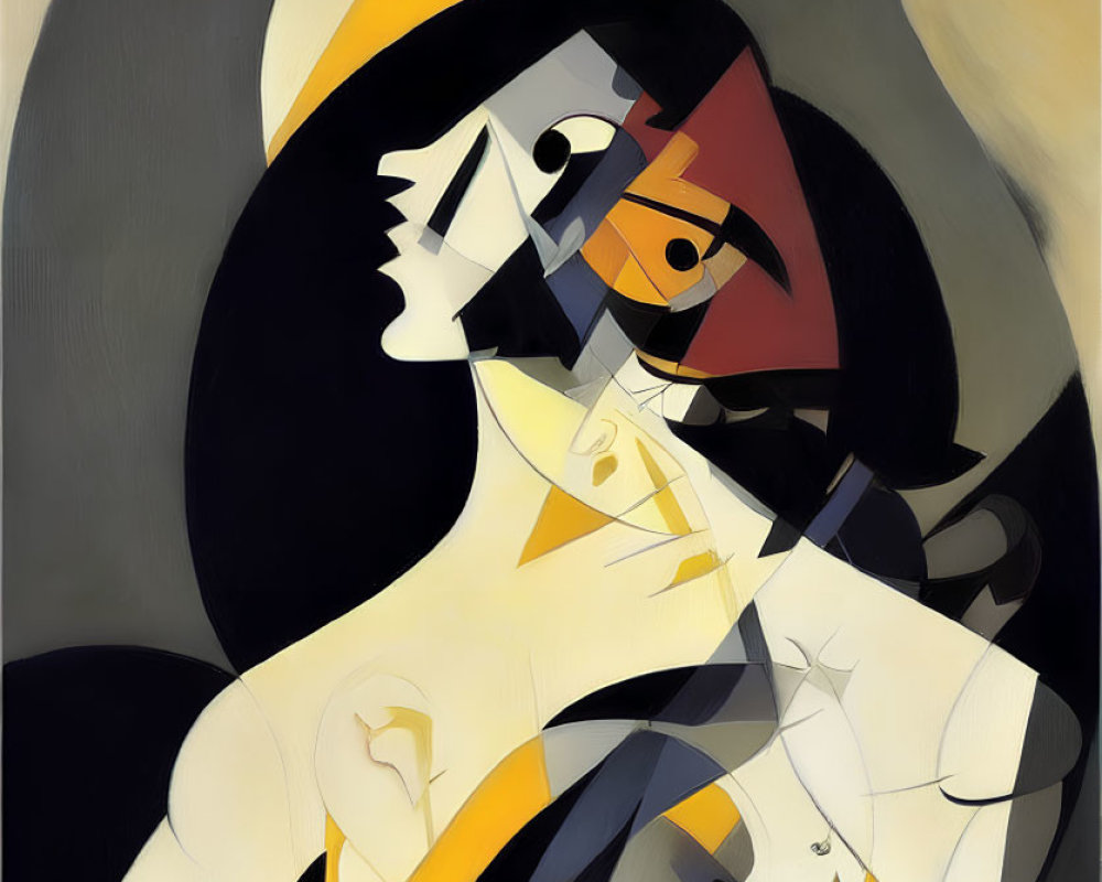 Abstract painting of stylized female figure with geometric shapes in yellow, black, and white.
