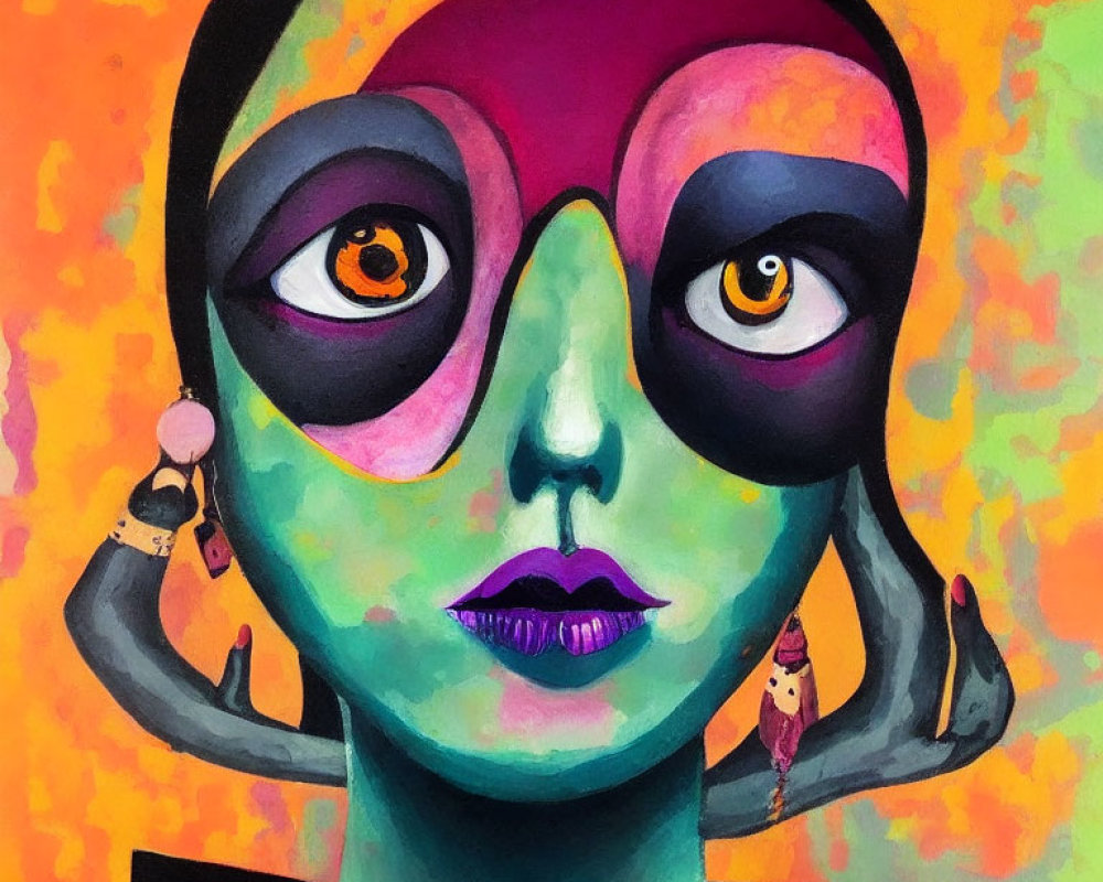 Colorful Stylized Face Painting with Mismatched Eyes and Green Complexion