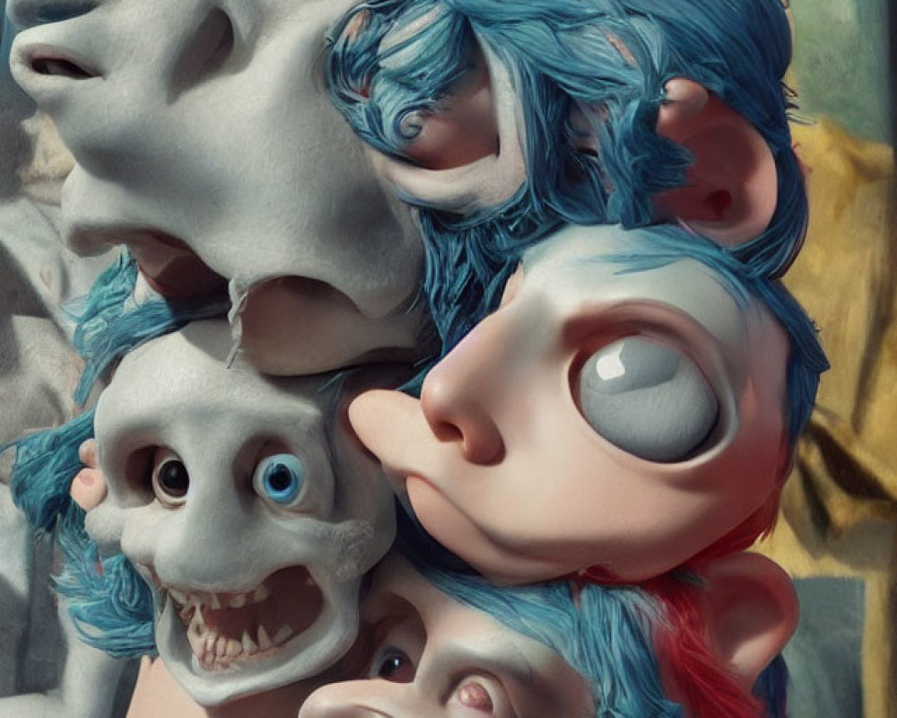 Surreal artwork: Cartoonish faces with blue hair and animal-like ears in totem formation