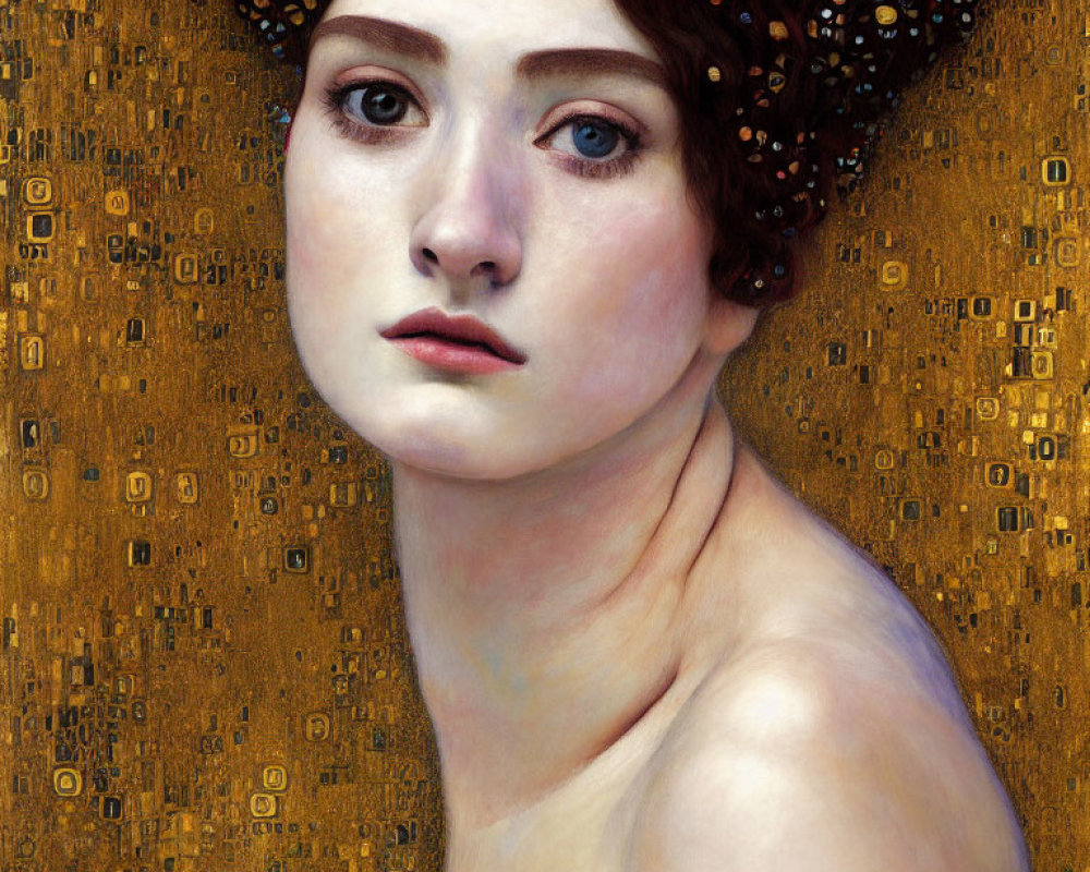 Portrait of a woman with red hair and blue eyes on gold background