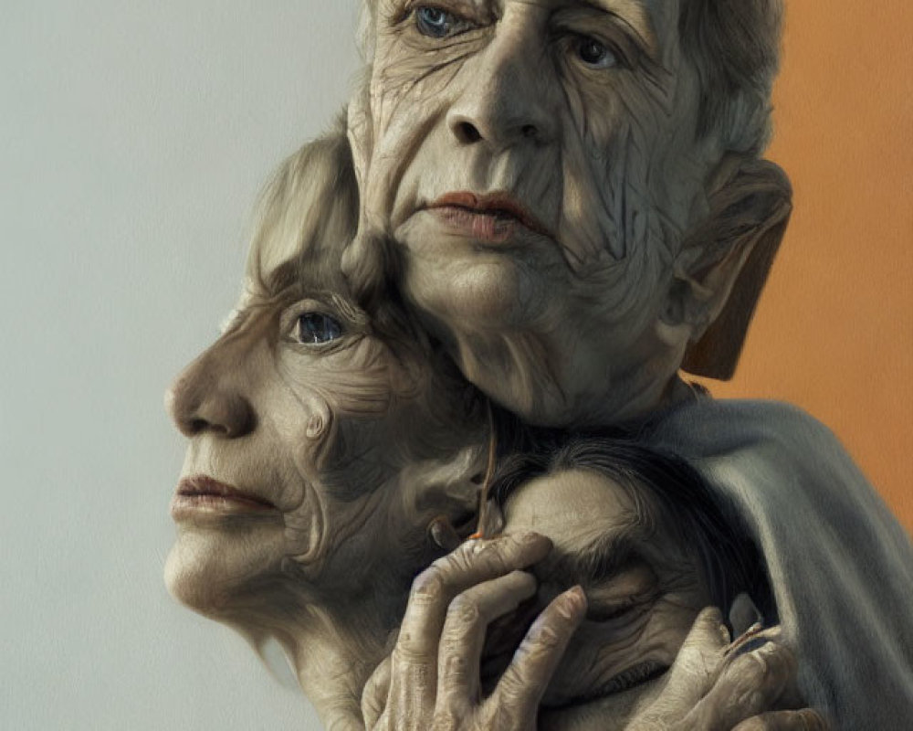 Elderly couple embracing with contemplative expressions