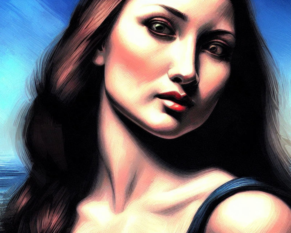 Digital portrait of woman with long hair and prominent cheekbones on blue background