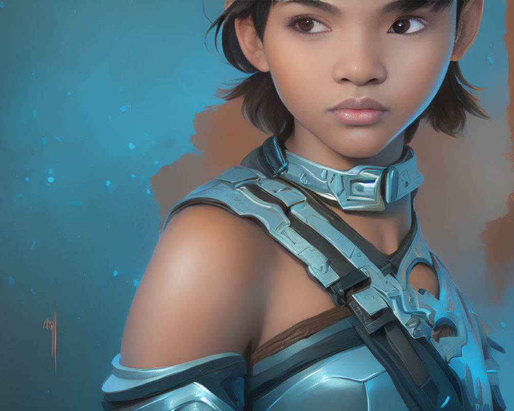 Digital artwork: Young woman in futuristic armor with blue glow on soft blue background