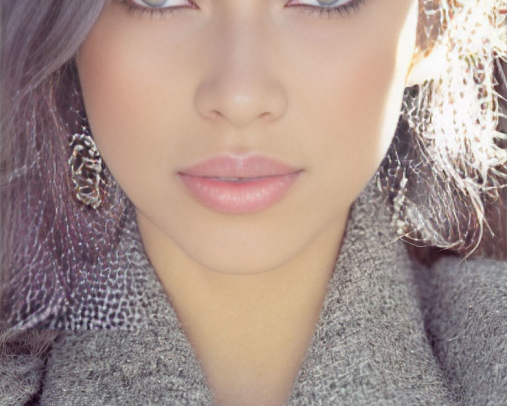 Portrait of woman with green eyes, full lips, earrings, grey knit garment