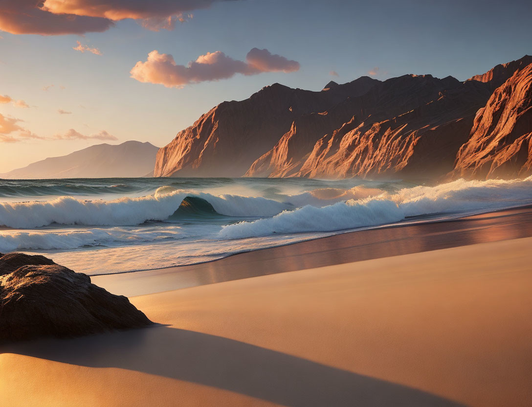 Tranquil beach scene at sunset with crashing waves, rock, and mountains.
