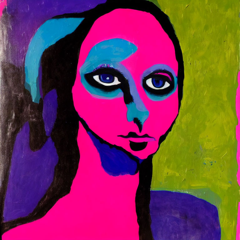 Colorful abstract portrait of female figure with purple and green background and blue facial accents