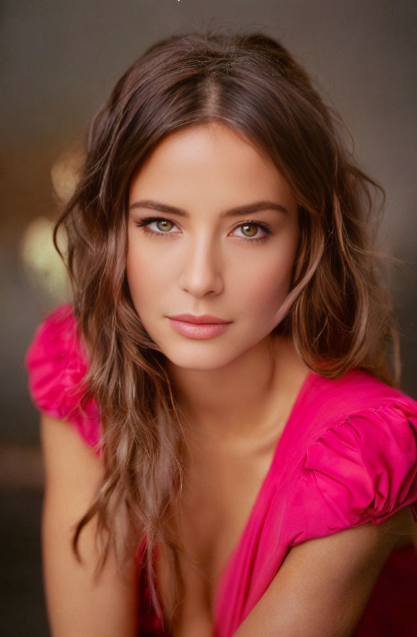 Brunette woman in pink ruffled dress with hazel eyes and blurred background