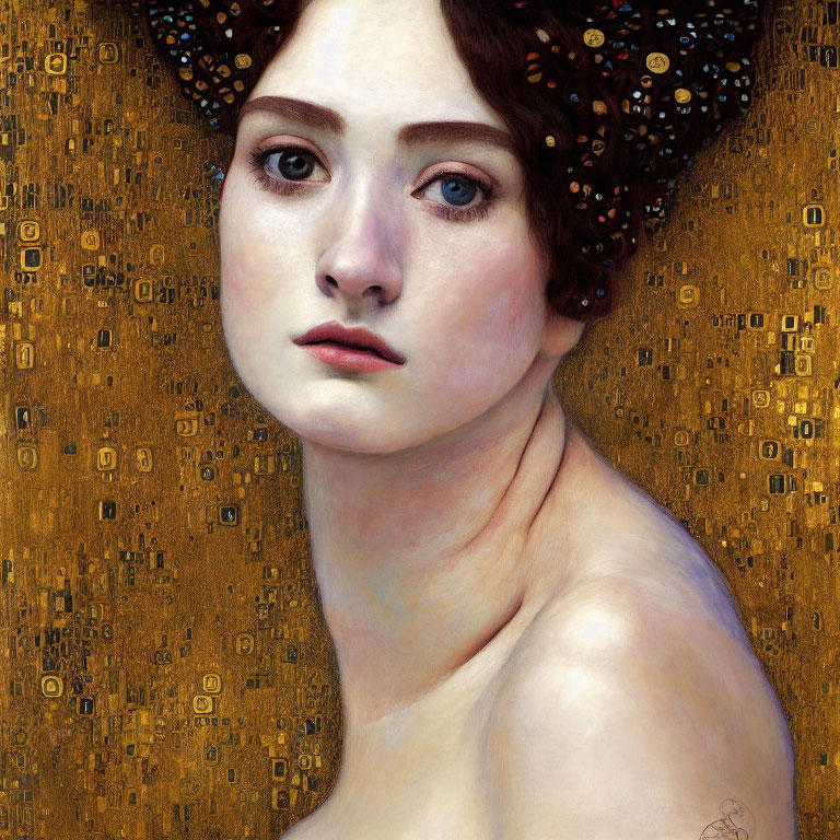 Portrait of a woman with red hair and blue eyes on gold background