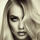 Woman portrait with striking eye makeup and wavy blonde hair.