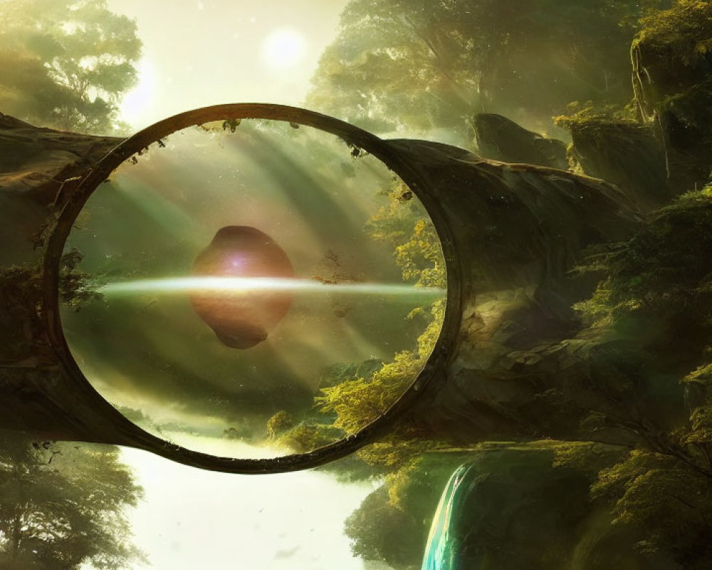 Landscape with circular portal, star, and waterfall in lush forest