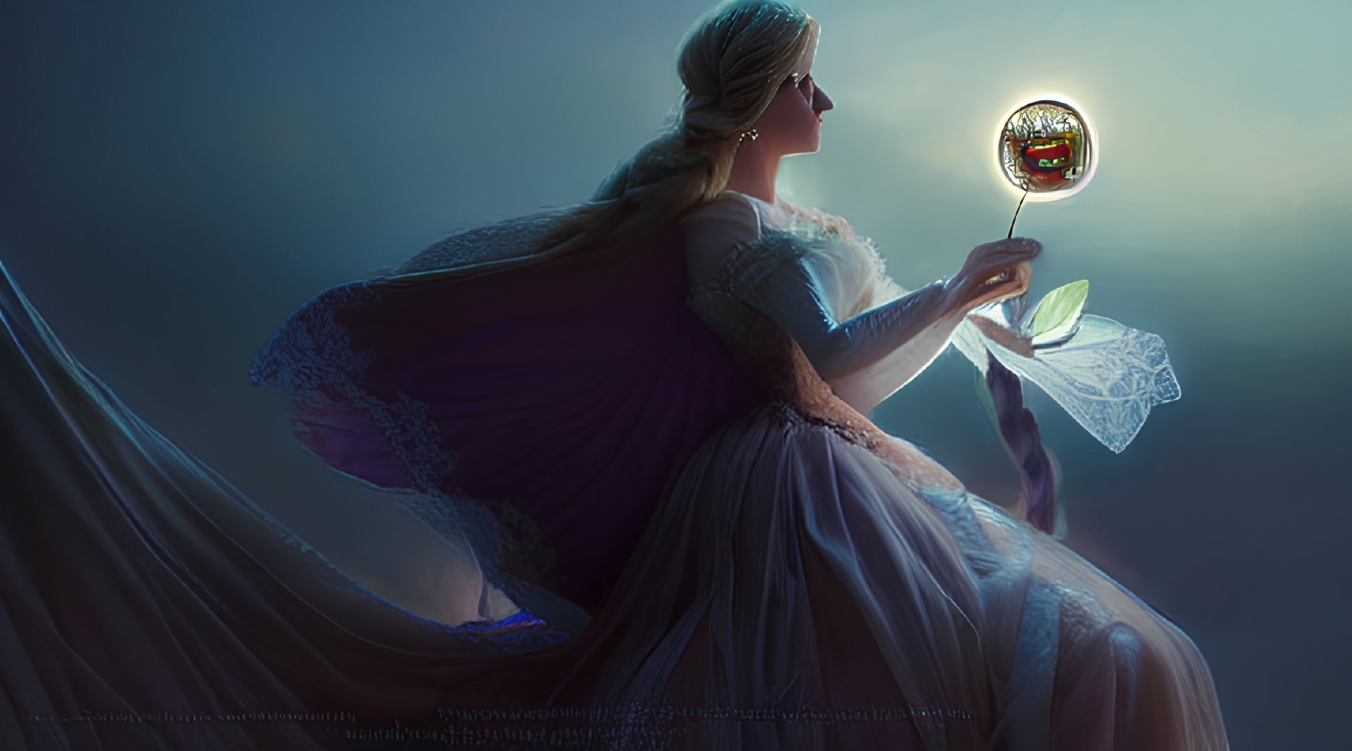 Elegant woman in gown with glowing magnifying glass in mysterious setting